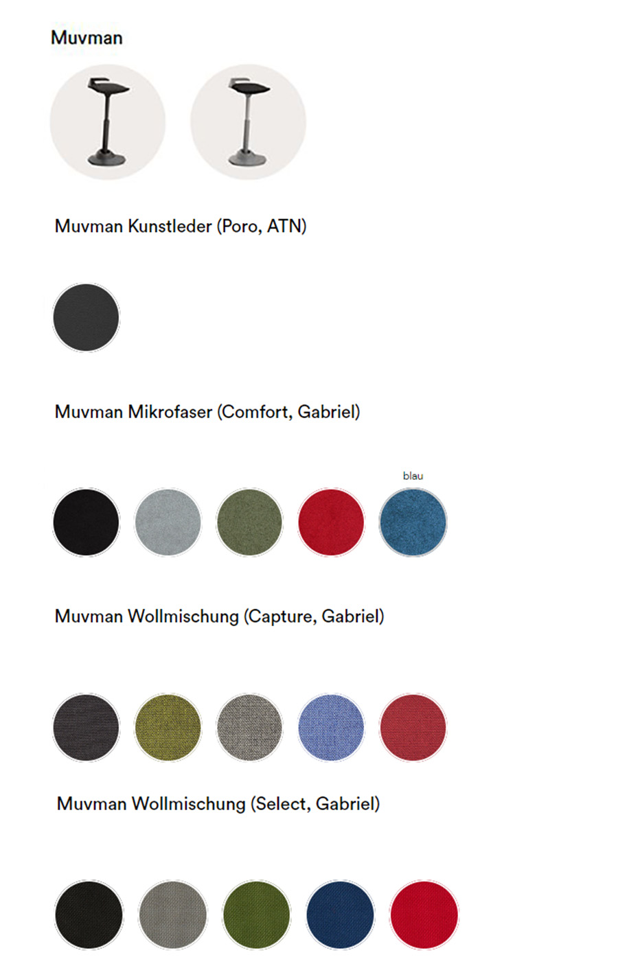 Darstellung Farben und Material des Aeris Muvman Steh-Sitzhilfe
